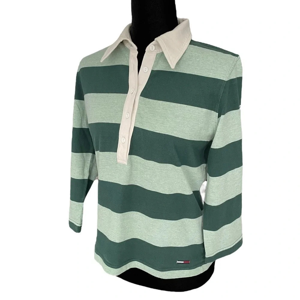 Vintage Tommy Jeans (2001) green striped polo 3/4 sleeve top Large